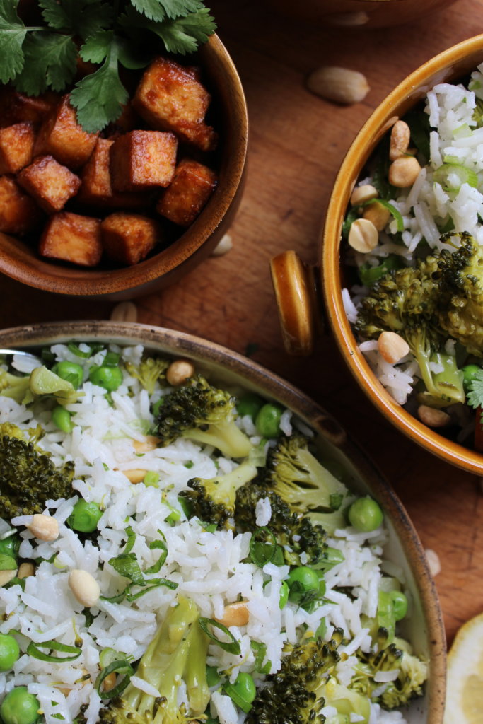 Reissalat mit Broccoli und Erdnusstofu